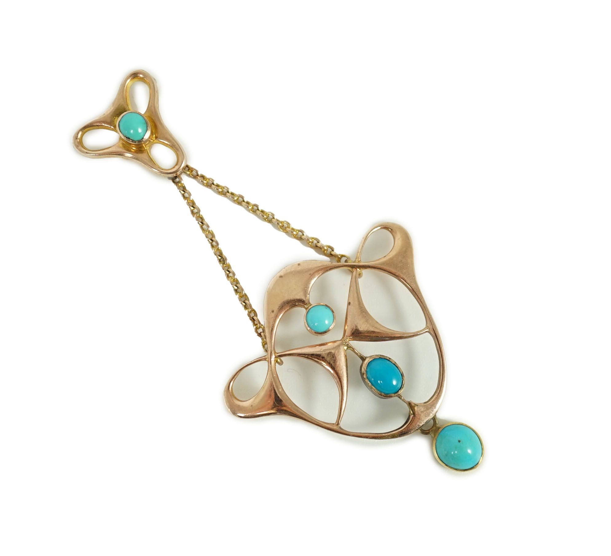 An Edwardian Art Nouveau 9ct gold and turquoise set drop pendant